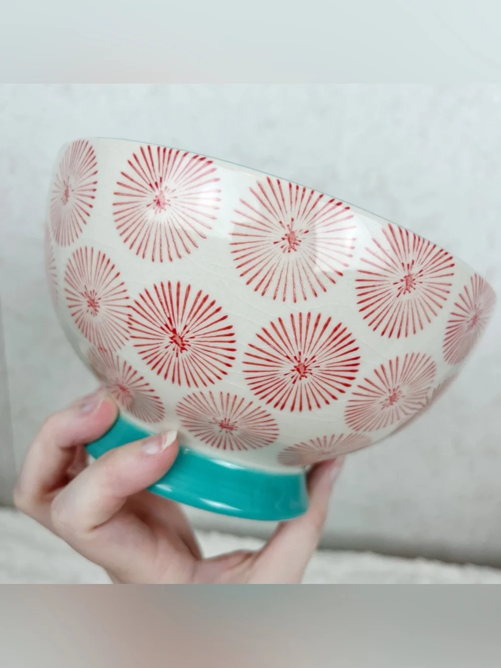Pioneer Woman Happiness Footed Bowl Red Starburst Aqua Trim Whimsy Farmhouse